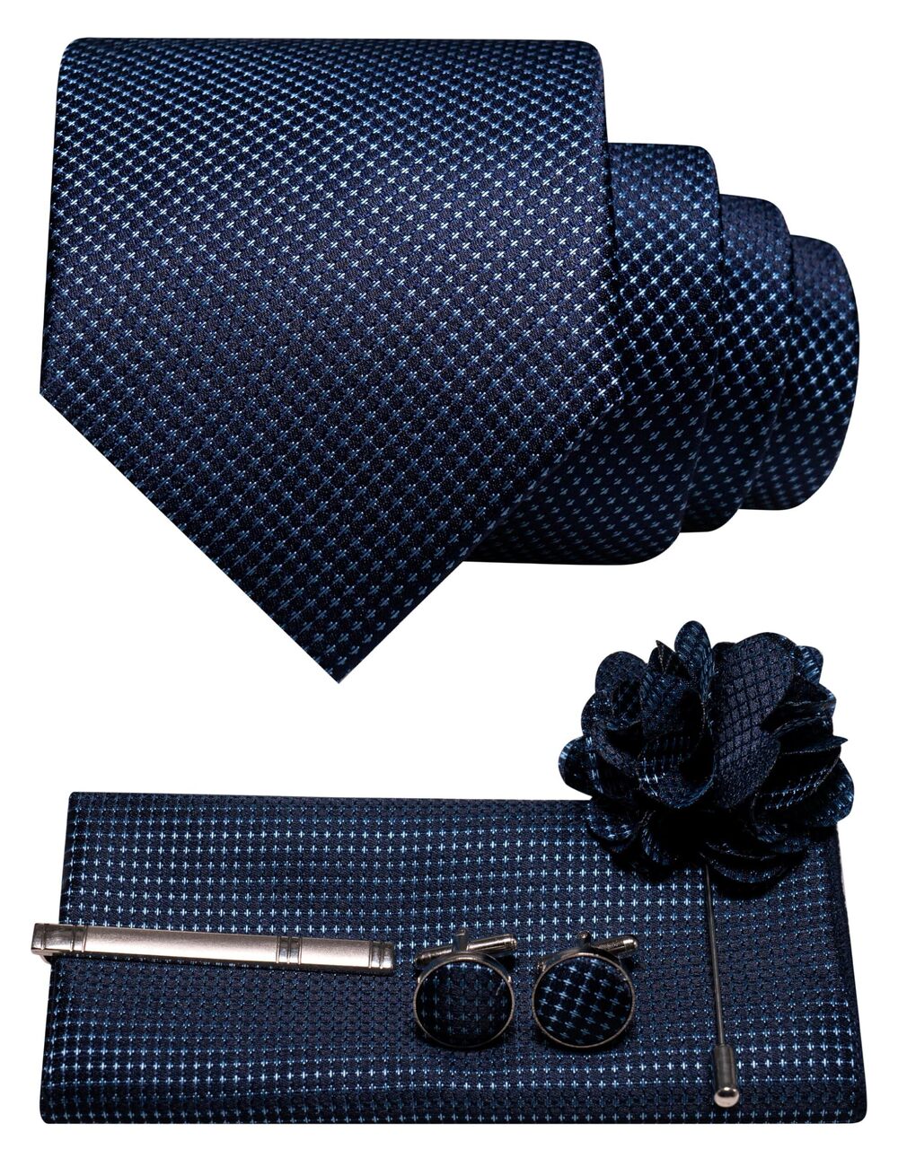 2948 5PCS Navy Blue Tie Woven Casual Necktie and Pocket Square Cufflinks